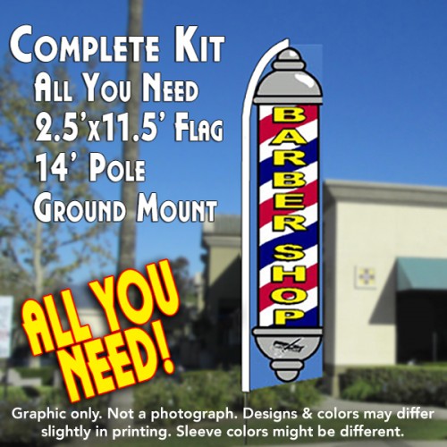 Barber Shop (Pole)  Windless Advertising Feather Flag Kit  (Flag, Pole, & Ground Spike) 14 Feet Outdoor Flags