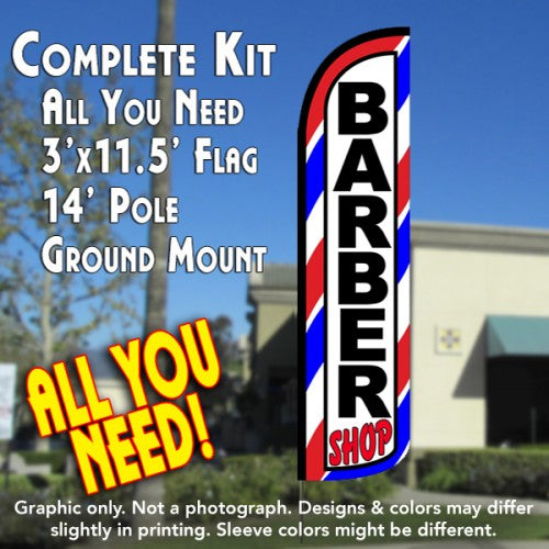 Barber Shop (Red/White/Blue)  Windless Advertising Feather Flag Kit  (Flag, Pole, & Ground Spike) 14 Feet Outdoor Flags