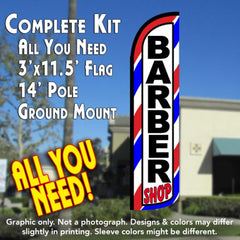 Barber Shop (Red/White/Blue)  Windless Advertising Feather Flag Kit  (Flag, Pole, & Ground Spike) 14 Feet Outdoor Flags