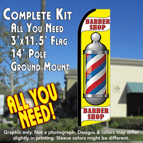 Barber Shop (Yellow)  Windless Advertising Feather Flag Kit  (Flag, Pole, & Ground Spike) 14 Feet Outdoor Flags