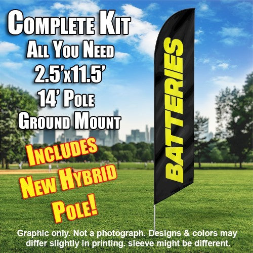 Batteries (Black/Yellow)  Windless Advertising Feather Flag Kit  (Flag, Pole, & Ground Spike) 14 Feet Outdoor Flags