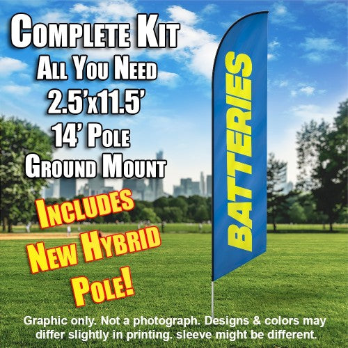 Batteries (Blue/Yellow)  Windless Advertising Feather Flag Kit  (Flag, Pole, & Ground Spike) 14 Feet Outdoor Flags