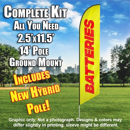 Batteries (Red/Yellow)  Windless Advertising Feather Flag Kit  (Flag, Pole, & Ground Spike) 14 Feet Outdoor Flags