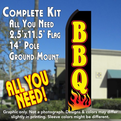 Bbq (Black/Yellow/Flames)  Windless Advertising Feather Flag Kit  (Flag, Pole, & Ground Spike) 14 Feet Outdoor Flags