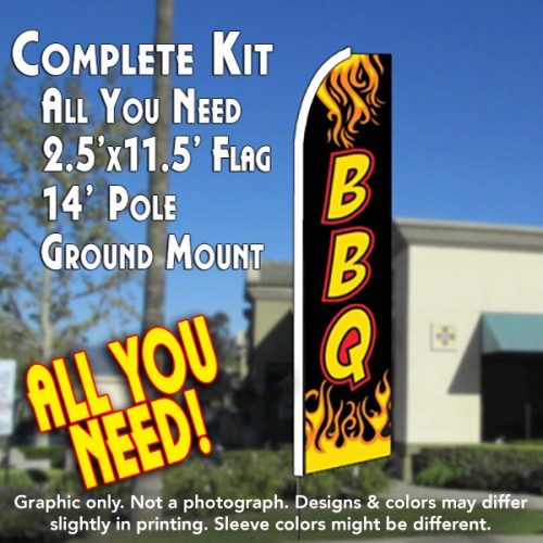 Bbq (Black/Yellow)  Windless Advertising Feather Flag Kit  (Flag, Pole, & Ground Spike) 14 Feet Outdoor Flags