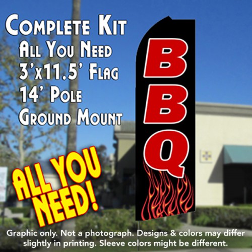 Bbq (Flames)  Windless Advertising Feather Flag Kit  (Flag, Pole, & Ground Spike) 14 Feet Outdoor Flags