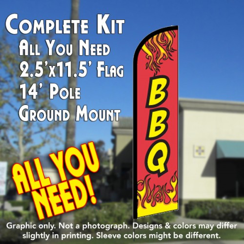 Bbq (Red)  Windless Advertising Feather Flag Kit  (Flag, Pole, & Ground Spike) 14 Feet Outdoor Flags