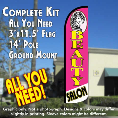 Beauty Salon (Pink)  Windless Advertising Feather Flag Kit  (Flag, Pole, & Ground Spike) 14 Feet Outdoor Flags