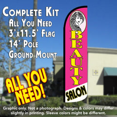 Beauty Salon (Pink)  Windless Advertising Feather Flag Kit  (Flag, Pole, & Ground Spike) 14 Feet Outdoor Flags