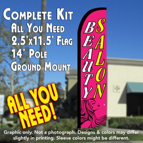 Beauty Salon (Pink)  Windless Advertising Feather Flag Kit  (Flag, Pole, & Ground Spike) 14 Feet Outdoor Flags