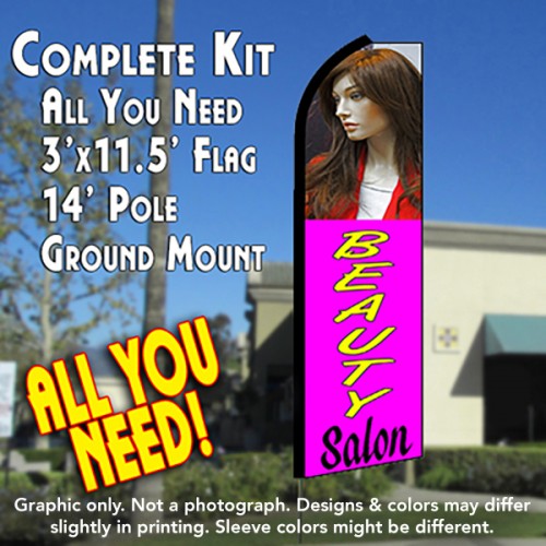 Beauty Salon (Purple)  Windless Advertising Feather Flag Kit  (Flag, Pole, & Ground Spike) 14 Feet Outdoor Flags