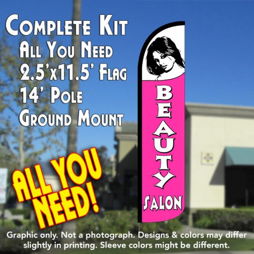 Beauty Salon (White/Pink)  Windless Advertising Feather Flag Kit  (Flag, Pole, & Ground Spike) 14 Feet Outdoor Flags