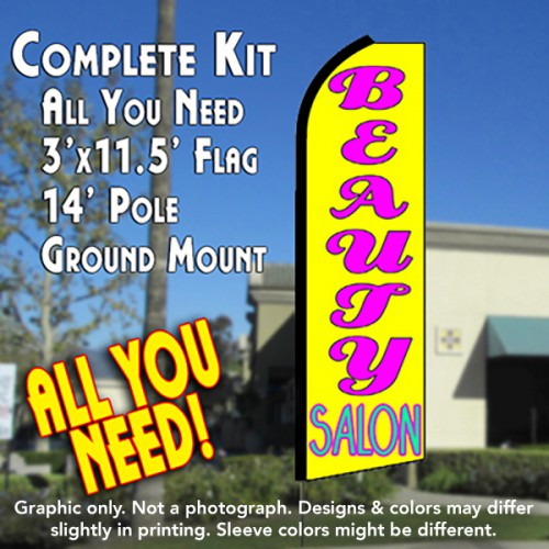 Beauty Salon (Yellow)  Windless Advertising Feather Flag Kit  (Flag, Pole, & Ground Spike) 14 Feet Outdoor Flags