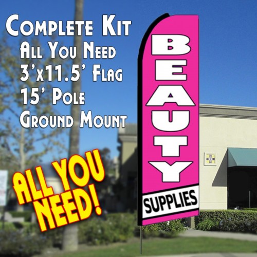 Beauty Supplies (Pink/White)  Windless Advertising Feather Flag Kit  (Flag, Pole, & Ground Spike) 14 Feet Outdoor Flags