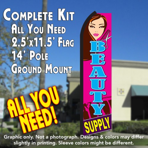 Beauty Supply (Pink/Blue)  Windless Advertising Feather Flag Kit  (Flag, Pole, & Ground Spike) 14 Feet Outdoor Flags