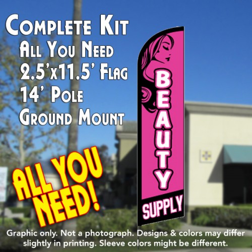 Beauty Supply  Windless Advertising Feather Flag Kit  (Flag, Pole, & Ground Spike) 14 Feet Outdoor Flags