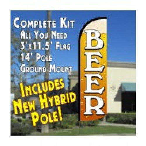 Beer (Gold)  Windless Advertising Feather Flag Kit  (Flag, Pole, & Ground Spike) 14 Feet Outdoor Flags