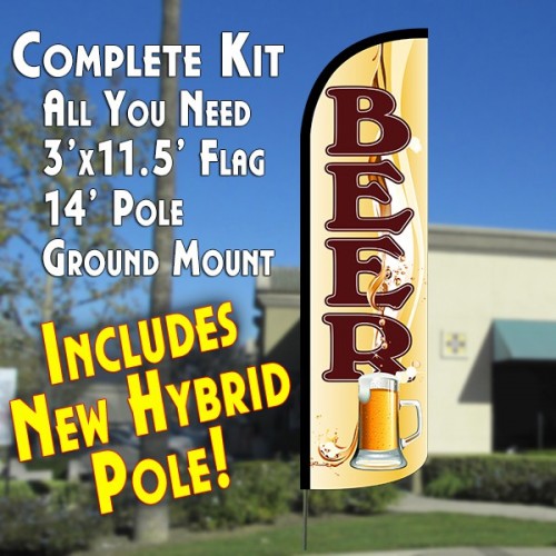 Beer (Mug)  Windless Advertising Feather Flag Kit  (Flag, Pole, & Ground Spike) 14 Feet Outdoor Flags