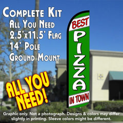 Best Pizza In Town  ( White/ Green) Windless Advertising Feather Flag Kit  (Flag, Pole, & Ground Spike) 14 Feet Outdoor Flags