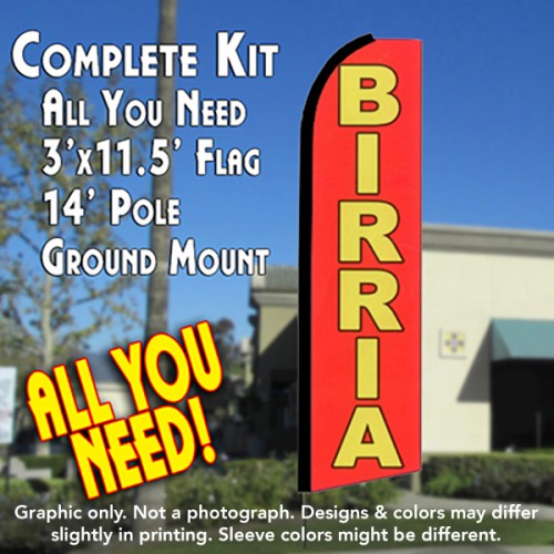 Birria (Red)  Windless Advertising Feather Flag Kit  (Flag, Pole, & Ground Spike) 14 Feet Outdoor Flags