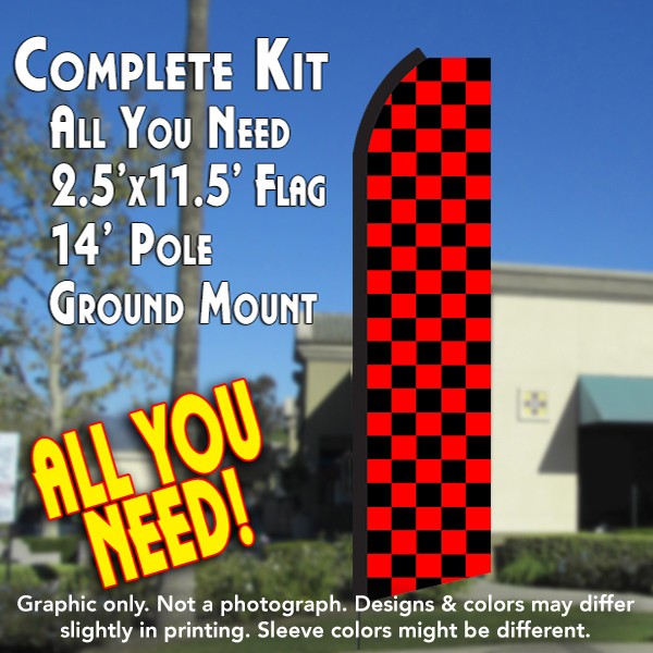 Checkered Black/Red  Windless Advertising Feather Flag Kit  (Flag, Pole, & Ground Spike) 14 Feet Outdoor Flags