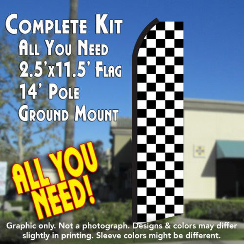 Checkered Black/White  Windless Advertising Feather Flag Kit  (Flag, Pole, & Ground Spike) 14 Feet Outdoor Flags