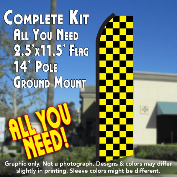 Checkered Black/Yellow  Windless Advertising Feather Flag Kit  (Flag, Pole, & Ground Spike) 14 Feet Outdoor Flags