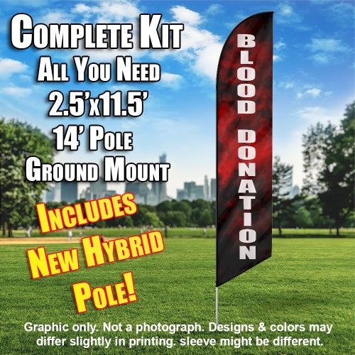 Blood Donation (Black With Red Smoke)  Windless Advertising Feather Flag Kit  (Flag, Pole, & Ground Spike) 14 Feet Outdoor Flags