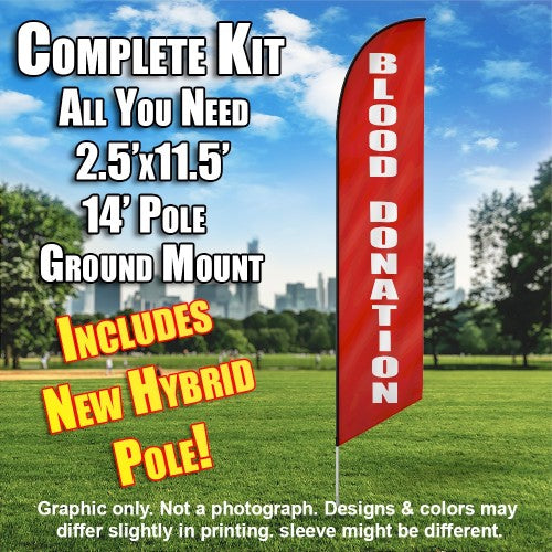 Blood Donation (Red/White)  Windless Advertising Feather Flag Kit  (Flag, Pole, & Ground Spike) 14 Feet Outdoor Flags