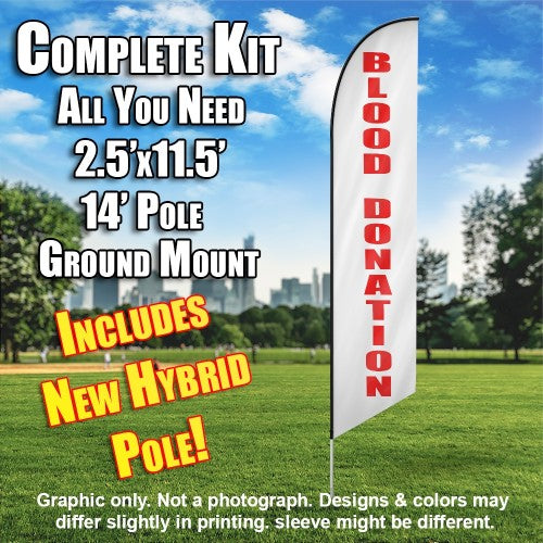 Blood Donation (Horizontal White/Red)  Windless Advertising Feather Flag Kit  (Flag, Pole, & Ground Spike) 14 Feet Outdoor Flags