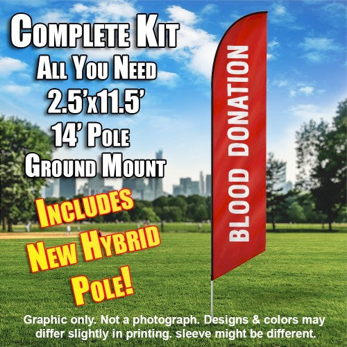 Blood Donation (Red/White)  Windless Advertising Feather Flag Kit  (Flag, Pole, & Ground Spike) 14 Feet Outdoor Flags