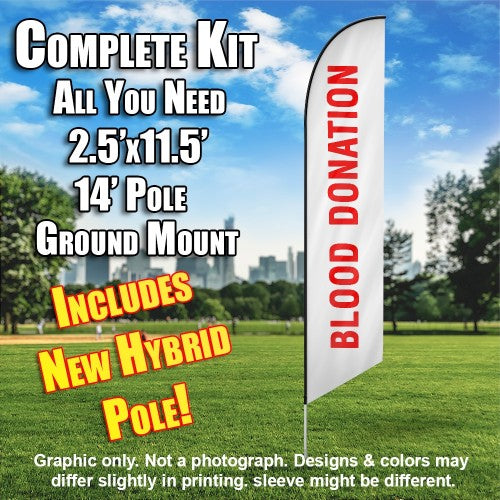 Blood Donation (White/Red)  Windless Advertising Feather Flag Kit  (Flag, Pole, & Ground Spike) 14 Feet Outdoor Flags