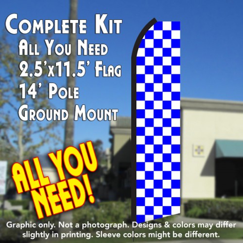 Checkered Blue/White  Windless Advertising Feather Flag Kit  (Flag, Pole, & Ground Spike) 14 Feet Outdoor Flags