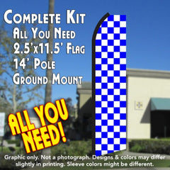 Checkered Blue/White  Windless Advertising Feather Flag Kit  (Flag, Pole, & Ground Spike) 14 Feet Outdoor Flags