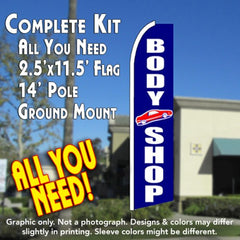 Body Shop (Blue)  Windless Advertising Feather Flag Kit  (Flag, Pole, & Ground Spike) 14 Feet Outdoor Flags