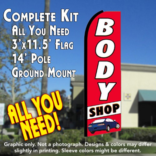 Body Shop (Red/White)  Windless Advertising Feather Flag Kit  (Flag, Pole, & Ground Spike) 14 Feet Outdoor Flags