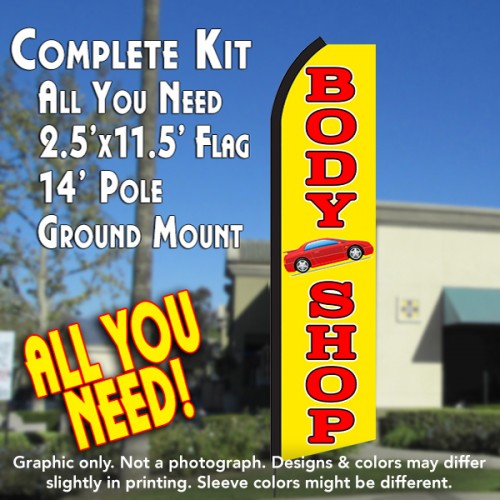 Body Shop (Yellow/Red)  Windless Advertising Feather Flag Kit  (Flag, Pole, & Ground Spike) 14 Feet Outdoor Flags