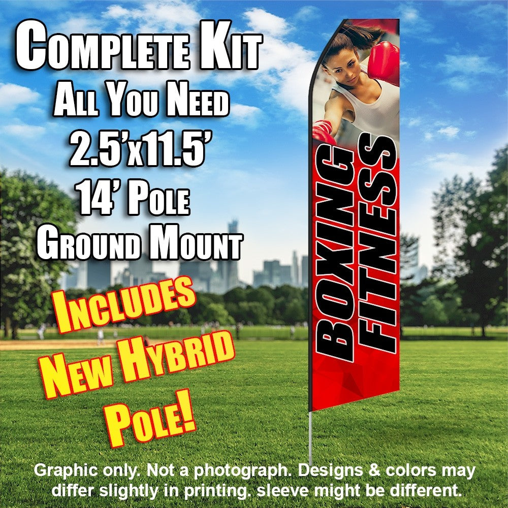 Boxing Fitness (Red/Horizontal Black Letters)  Windless Advertising Feather Flag Kit  (Flag, Pole, & Ground Spike) 14 Feet Outdoor Flags