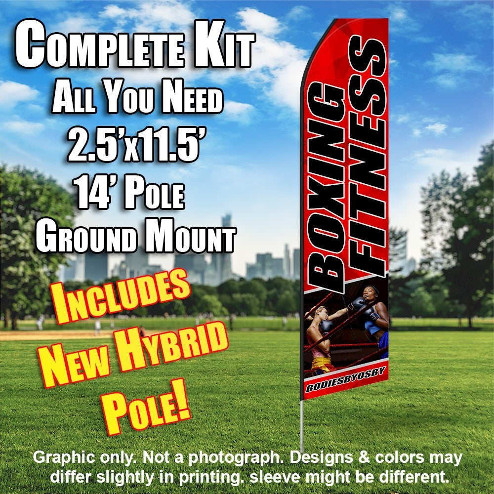 Boxing Fitness (Red/Black/Knockout)  Windless Advertising Feather Flag Kit  (Flag, Pole, & Ground Spike) 14 Feet Outdoor Flags