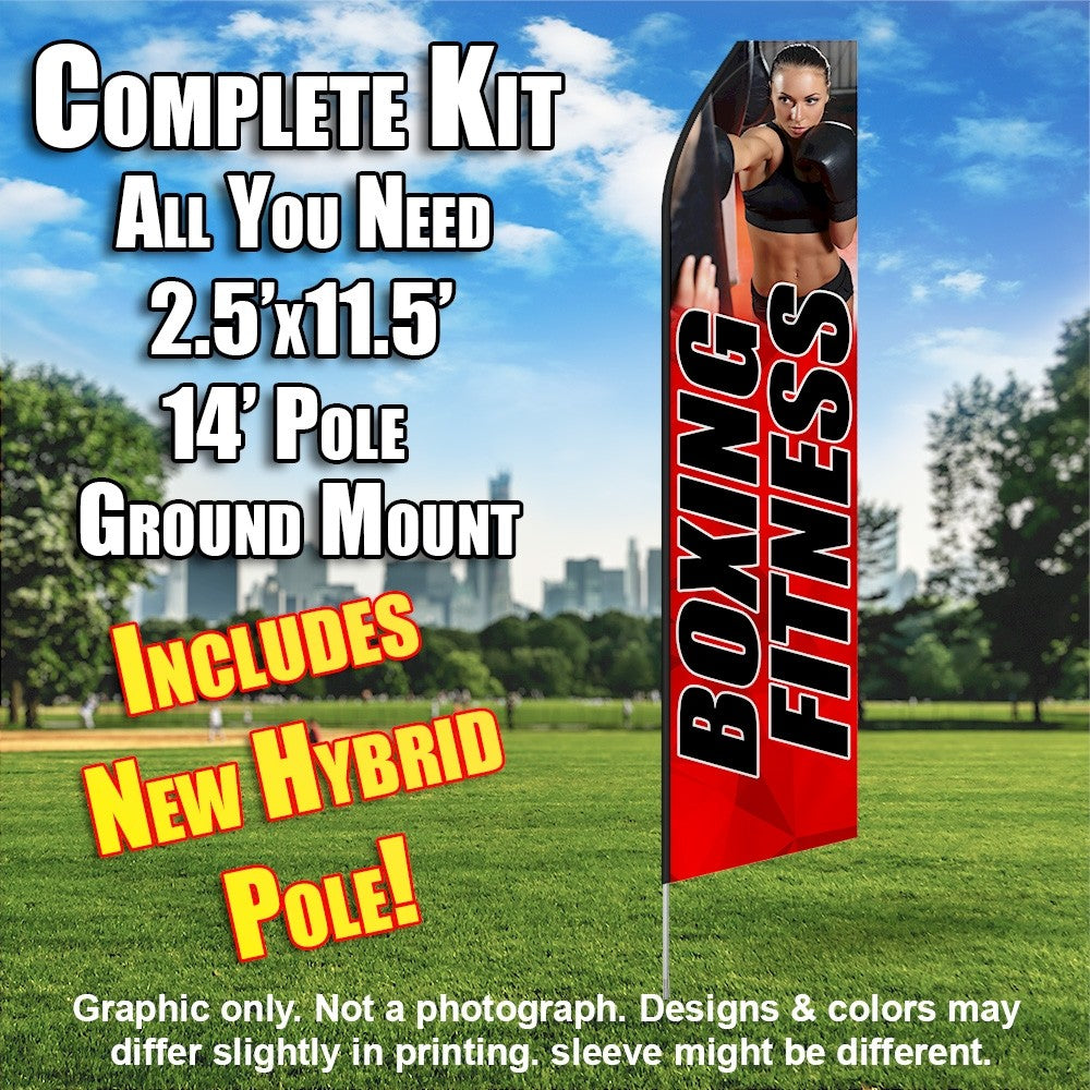 Boxing Fitness (Red/Black Letters)  Windless Advertising Feather Flag Kit  (Flag, Pole, & Ground Spike) 14 Feet Outdoor Flags