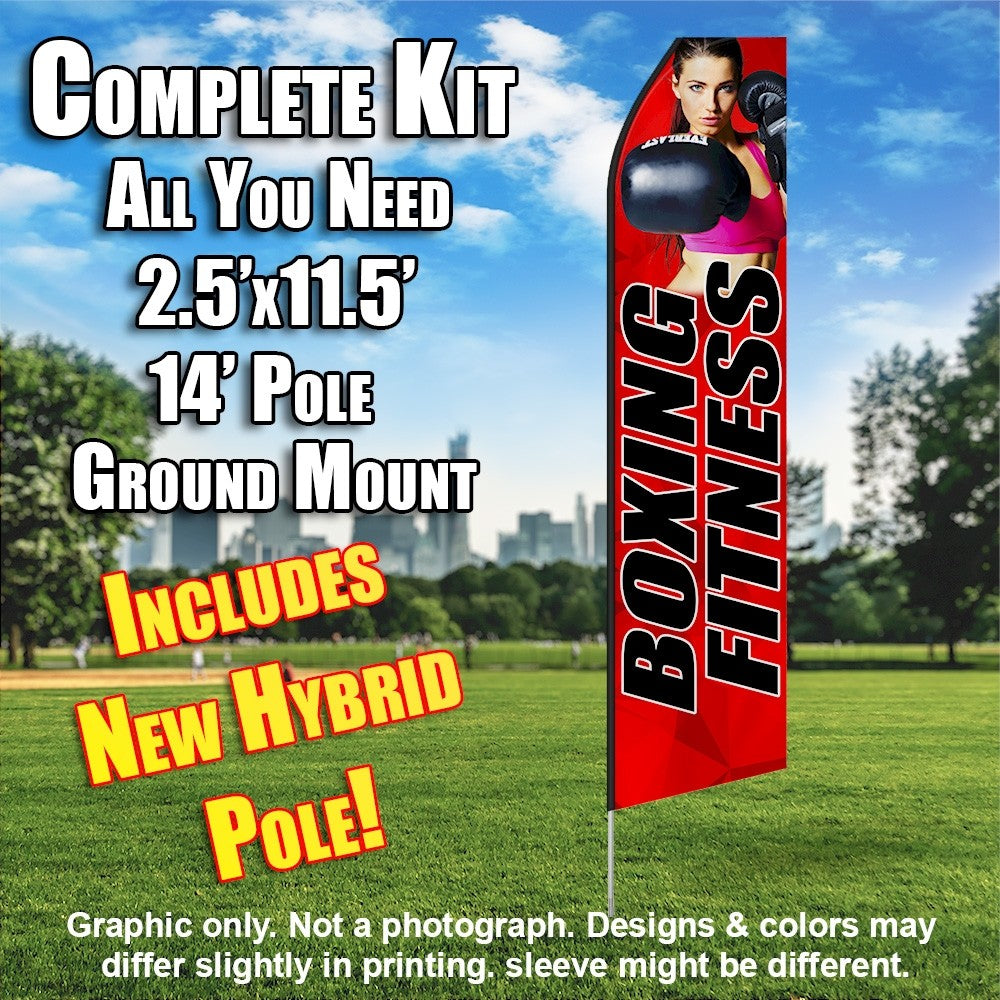 Boxing Fitness (Red/Black/Punching Forward)  Windless Advertising Feather Flag Kit  (Flag, Pole, & Ground Spike) 14 Feet Outdoor Flags