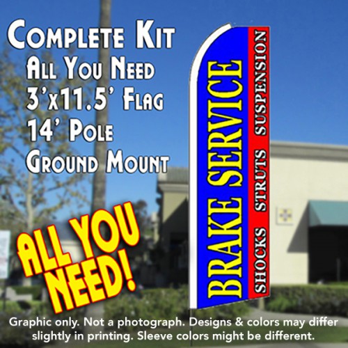 Brake Service (Blue/Red)  Windless Advertising Feather Flag Kit  (Flag, Pole, & Ground Spike) 14 Feet Outdoor Flags