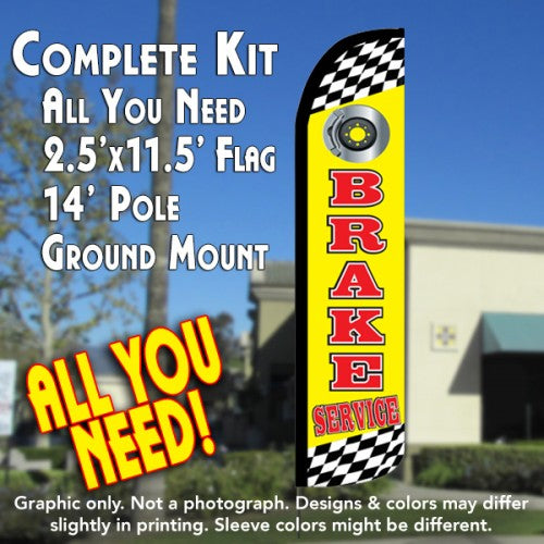 Brake Service (Yellow)  Windless Advertising Feather Flag Kit  (Flag, Pole, & Ground Spike) 14 Feet Outdoor Flags