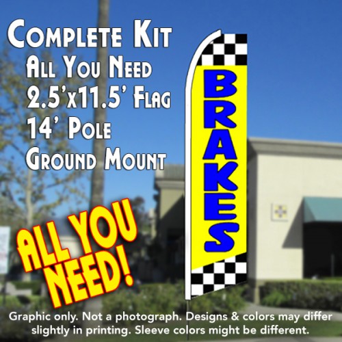 Brakes (Yellow/Checkered)  Windless Advertising Feather Flag Kit  (Flag, Pole, & Ground Spike) 14 Feet Outdoor Flags
