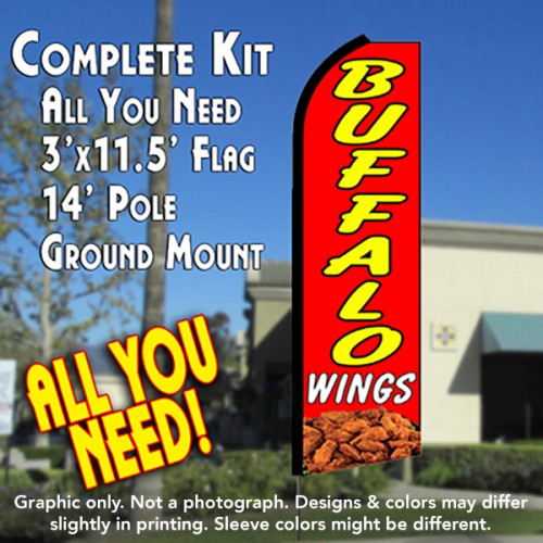 Buffalo Wings (Red)  Windless Advertising Feather Flag Kit  (Flag, Pole, & Ground Spike) 14 Feet Outdoor Flags