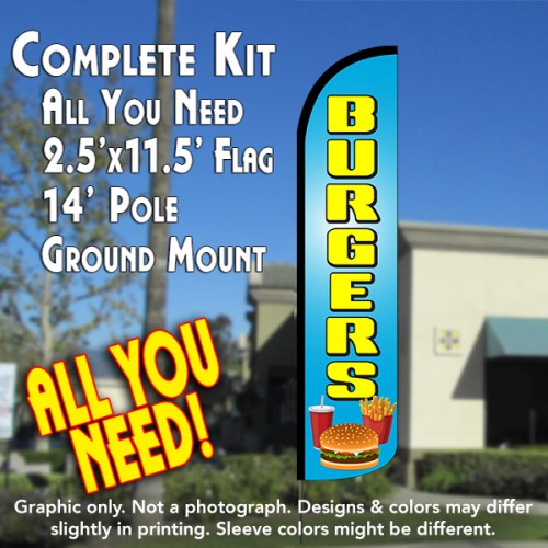 Burgers (Blue/Yellow)  Windless Advertising Feather Flag Kit  (Flag, Pole, & Ground Spike) 14 Feet Outdoor Flags