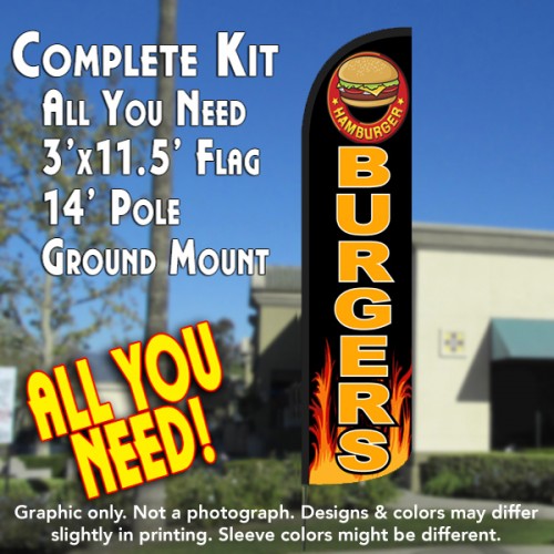 Burgers (Flames)  Windless Advertising Feather Flag Kit  (Flag, Pole, & Ground Spike) 14 Feet Outdoor Flags