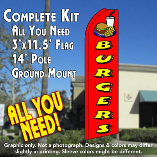 Burgers (Red)  Windless Advertising Feather Flag Kit  (Flag, Pole, & Ground Spike) 14 Feet Outdoor Flags