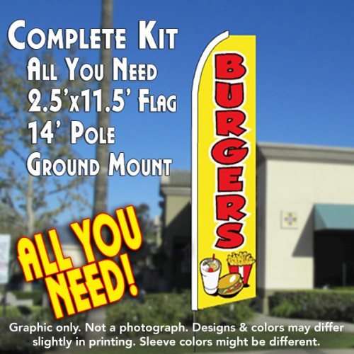 Burgers (Yellow)  Windless Advertising Feather Flag Kit  (Flag, Pole, & Ground Spike) 14 Feet Outdoor Flags