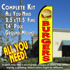 Burgers (Yellow/Red)  Windless Advertising Feather Flag Kit  (Flag, Pole, & Ground Spike) 14 Feet Outdoor Flags